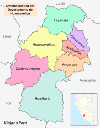 Mapa que muestra la división política del departamento de Huancavelica, resaltando sus provincias y distritos