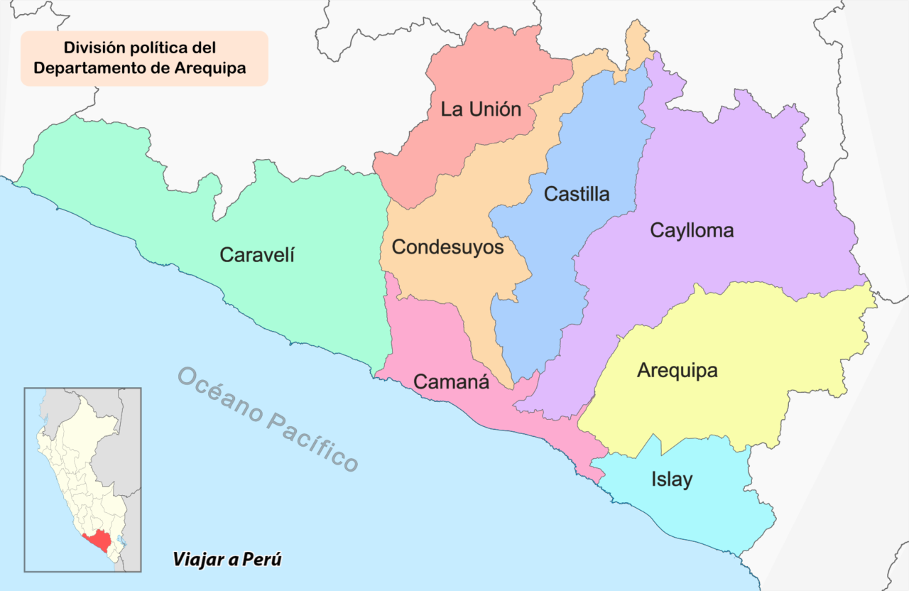 Mapa del departamento de Arequipa, Perú, dividido por provincias. Cada provincia está delimitada con colores y líneas diferenciadas, destacando las divisiones administrativas de la región