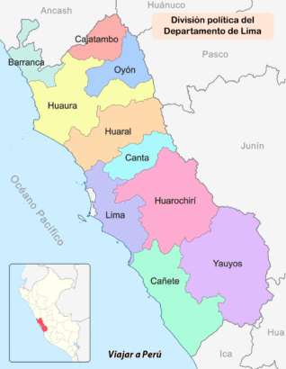 Mapa que muestra la división política del departamento de Lima, incluyendo sus provincias y distritos, con colores que diferencian cada jurisdicción