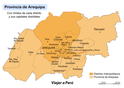 Mapa de la Provincia de Arequipa, Perú, mostrando sus distritos y capitales distritales. Cada distrito está delimitado y etiquetado con su nombre, resaltando la ciudad de Arequipa como capital de la provincia
