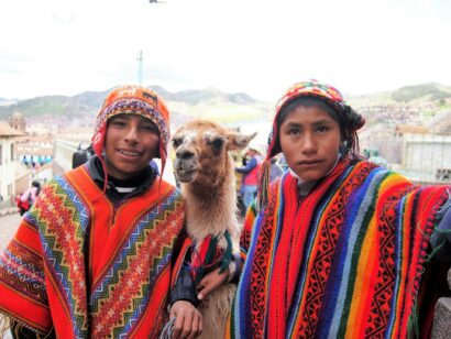 Niños andinos con ponchos y gorros tradicionales, junto a una llama en el paisaje montañoso