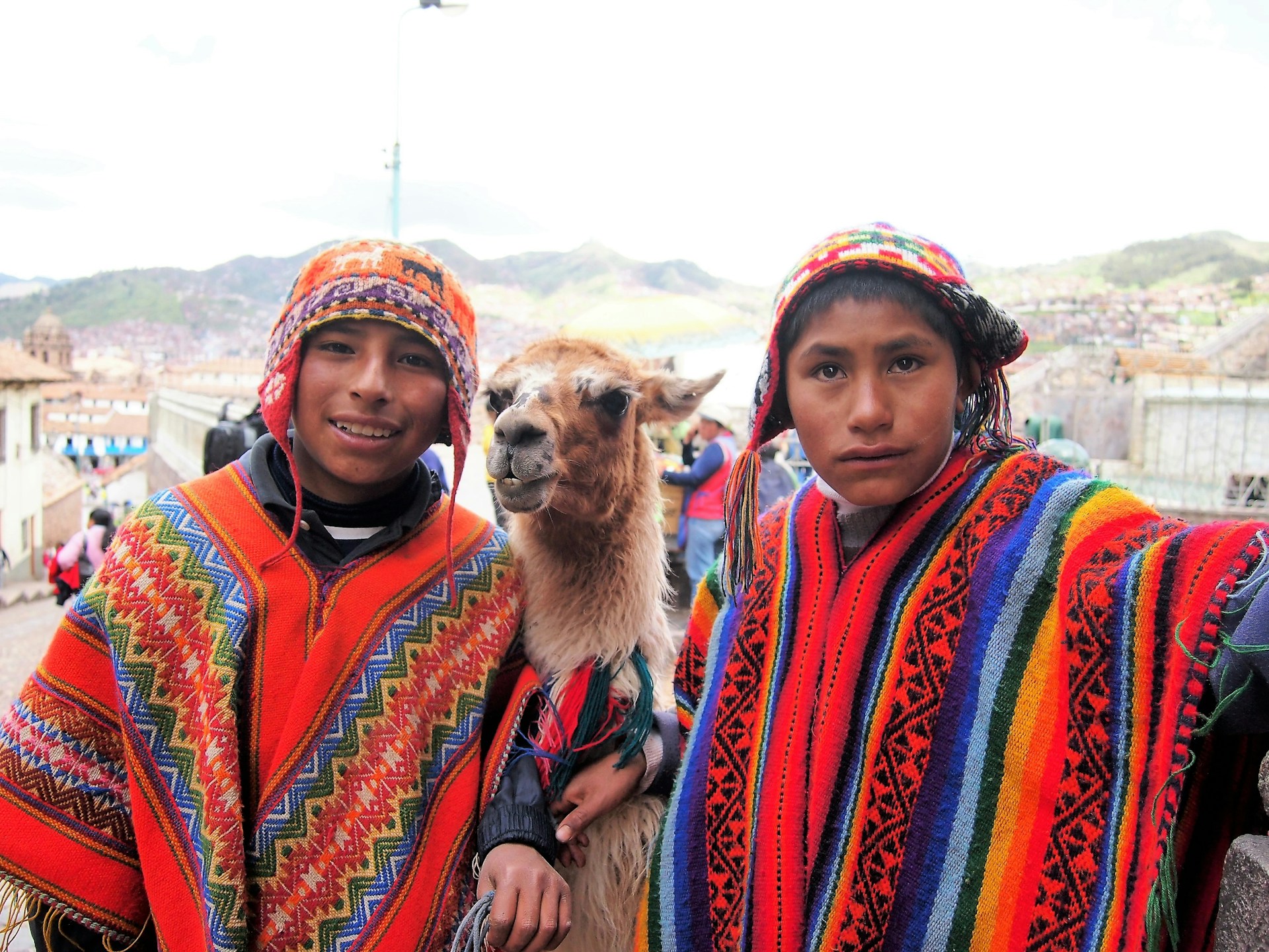 Niños andinos con ponchos y gorros tradicionales, junto a una llama en el paisaje montañoso
