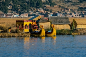 Colorful reed boats and structures on Lake Titicaca near Puno, Peru.